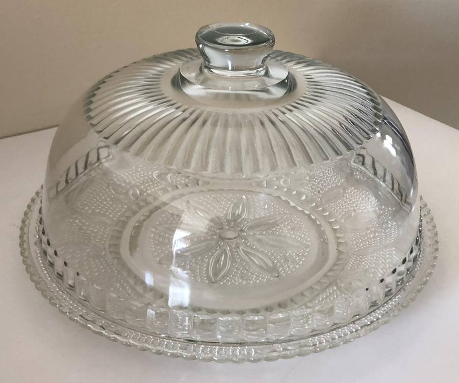 FRENCH LARGE CAKE DOME WITH CUT GLASS PLATE IN IMMACULATE CONDITION