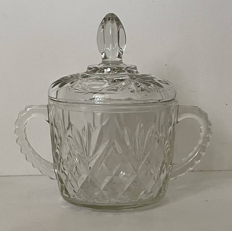 ANTIQUE CUT GLASS SUGAR/JAM BOWL WITH LID AND SAW TOOTH HANDLES