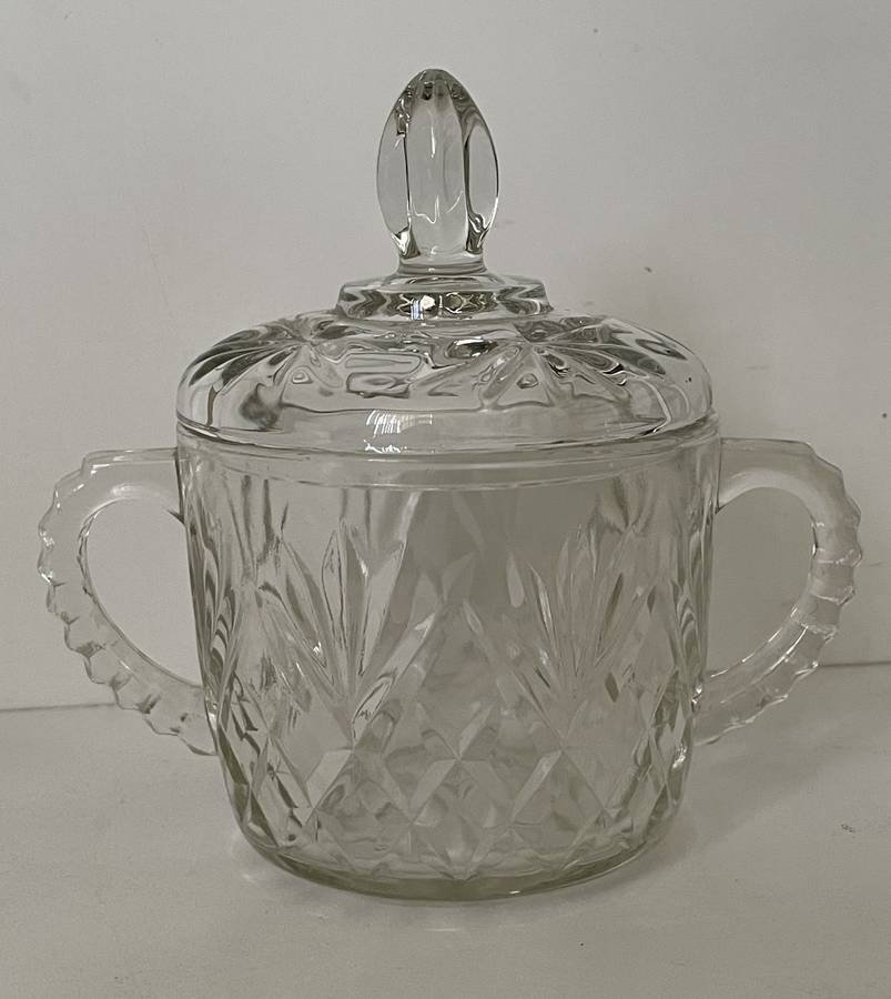 ANTIQUE CUT GLASS SUGAR/JAM BOWL WITH LID AND SAW TOOTH HANDLES