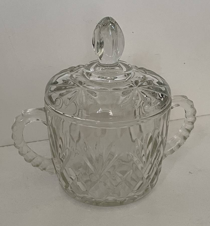 ANTIQUE CUT GLASS SUGAR/JAM BOWL WITH LID AND SAW TOOTH HANDLES