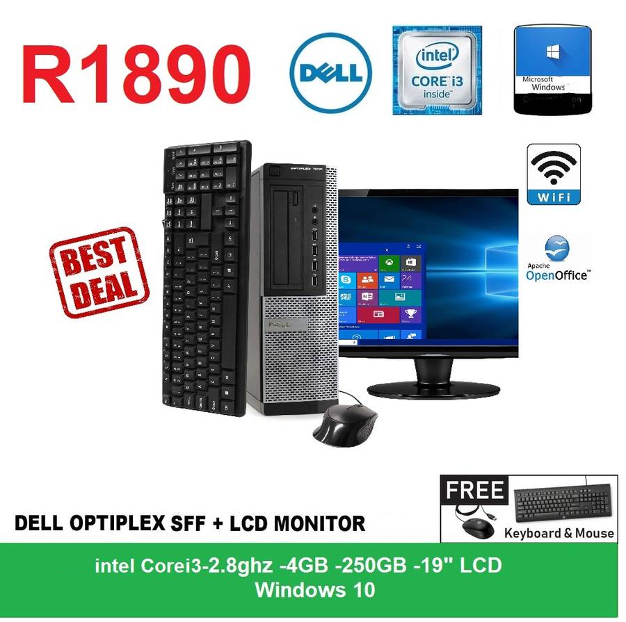 DELL OPTIPLEX COMPUTER DESKTOP PC INTEL COREi3 3GHz 4GB RAM 250GB HDD-WINDOWS  10+17` LCD+