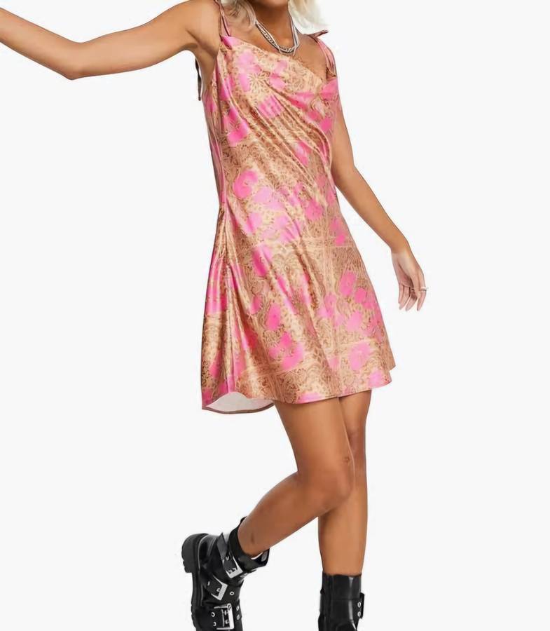 Brown & Pink Printed Satin Mini Slip Dress