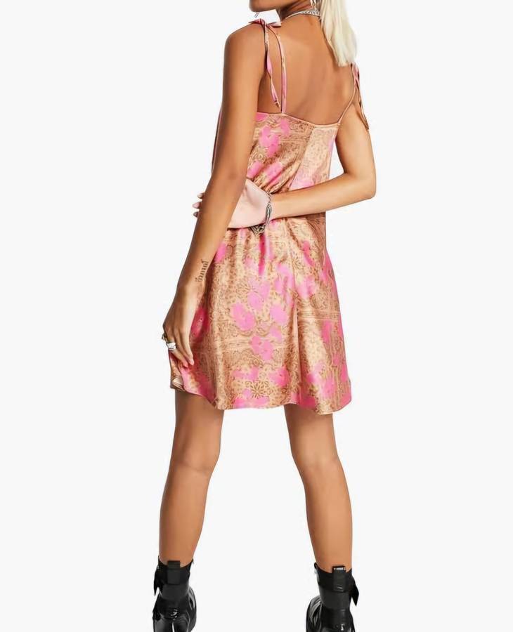 Brown & Pink Printed Satin Mini Slip Dress