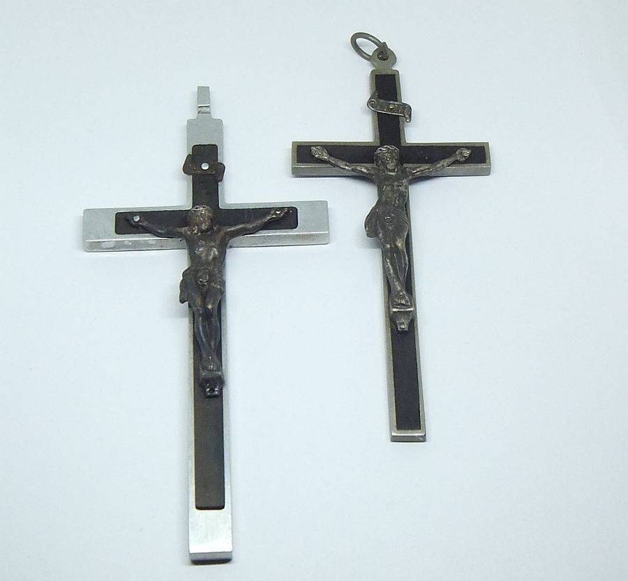 Two large detailed vintage metal crucifixes inlayed with wood