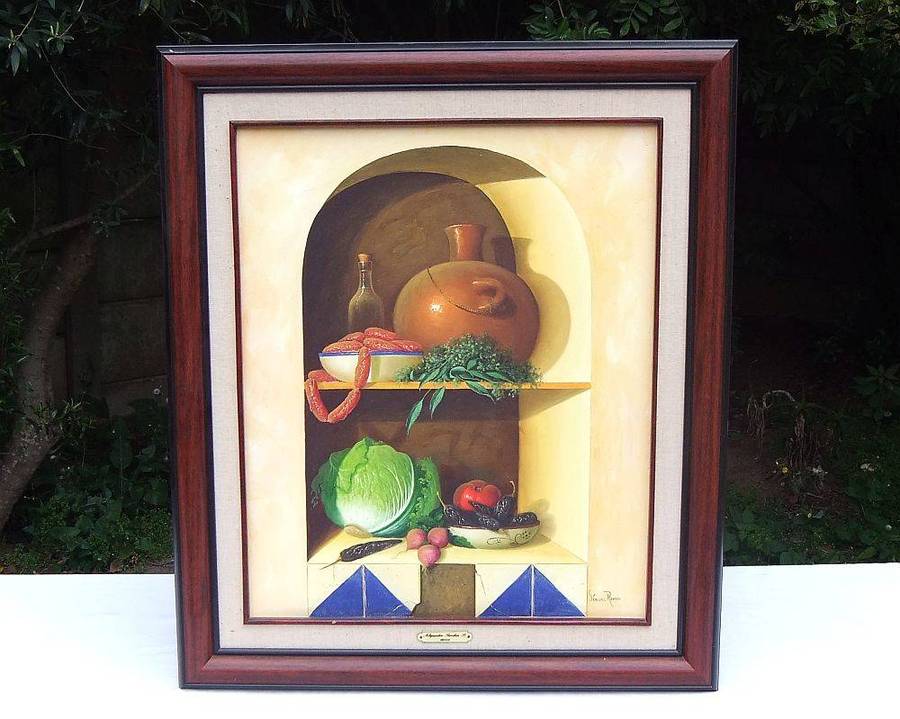 An original framed oil on canvas still life painting by Mexican artist Alejandro Sanchez Ramos