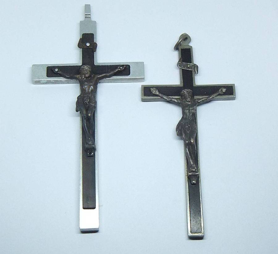 Two large detailed vintage metal crucifixes inlayed with wood
