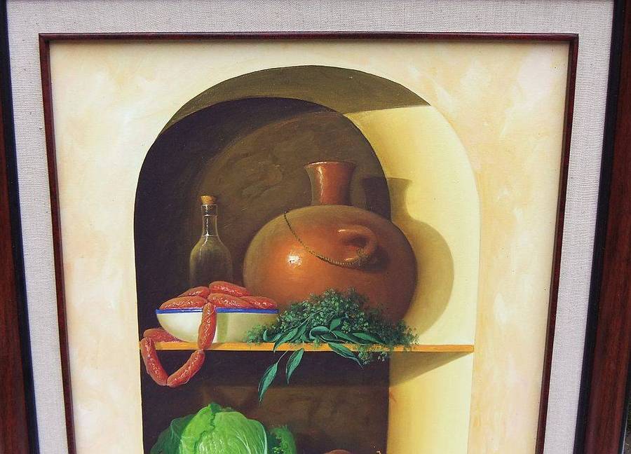 An original framed oil on canvas still life painting by Mexican artist Alejandro Sanchez Ramos