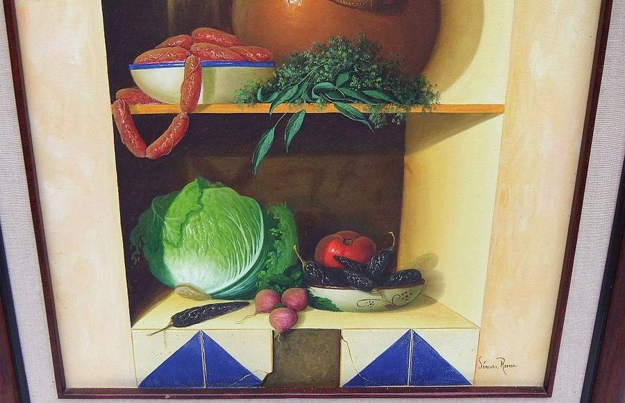 An original framed oil on canvas still life painting by Mexican artist Alejandro Sanchez Ramos