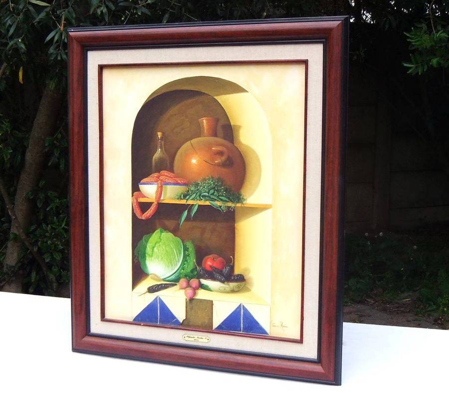 An original framed oil on canvas still life painting by Mexican artist Alejandro Sanchez Ramos