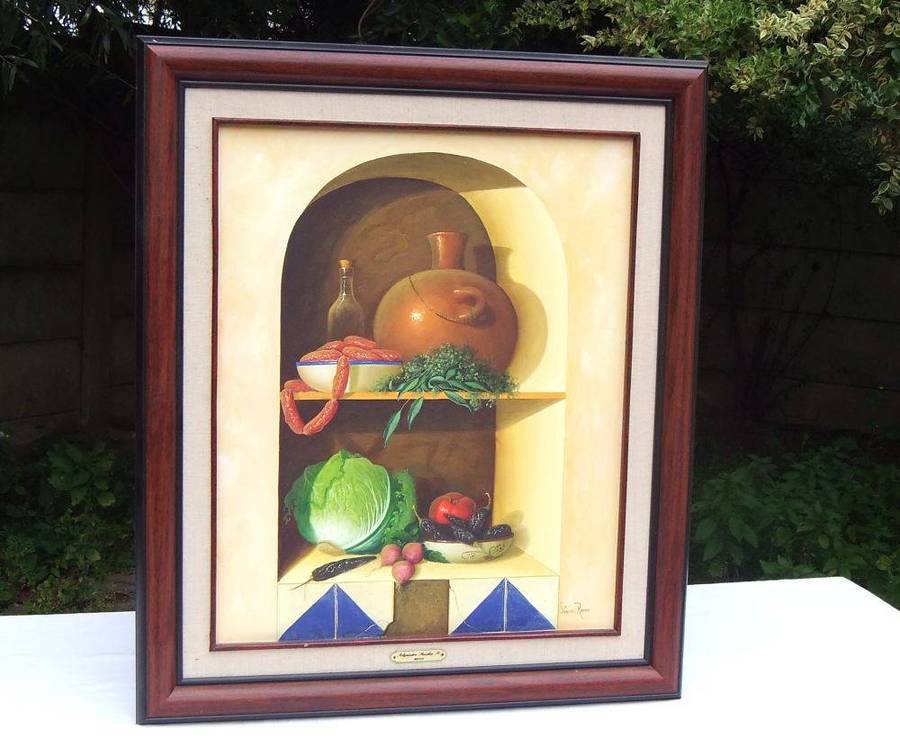 An original framed oil on canvas still life painting by Mexican artist Alejandro Sanchez Ramos