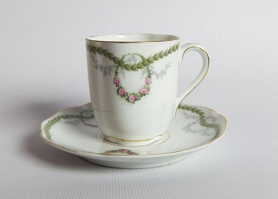 An early 20th centrury Bavarian porcelain duo in the Chrysantheme pattern , espresso sized