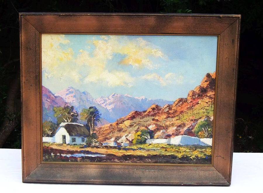 A large signed original oil on board painting depicting a farmstead amid a mountainous landscape