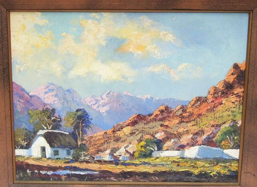 A large signed original oil on board painting depicting a farmstead amid a mountainous landscape