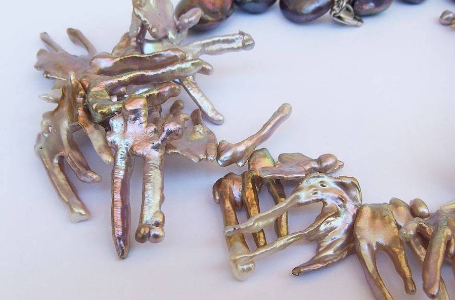 A unique Baroque chicken feet Pearl and Baroque Peacock pearl necklace with sterling silver clasp