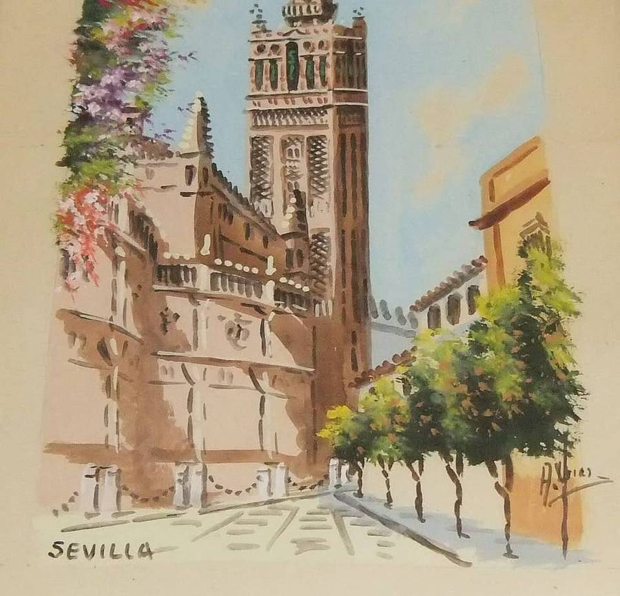 An original mid century watercolour titled Sevilla by Antonio Uria Monzon - Collection only