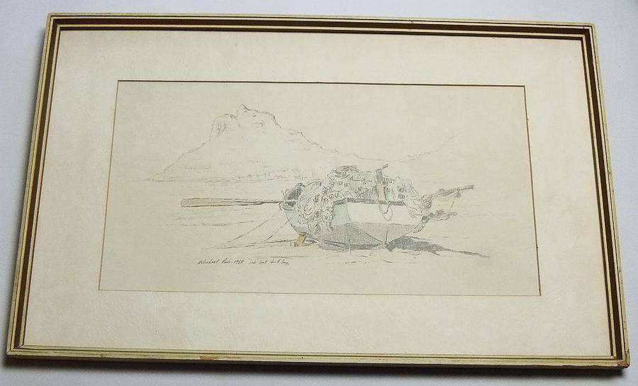 An original sketch by listed SA artist Michael Roos of a "trek" boat in Hout Bay dated 1968