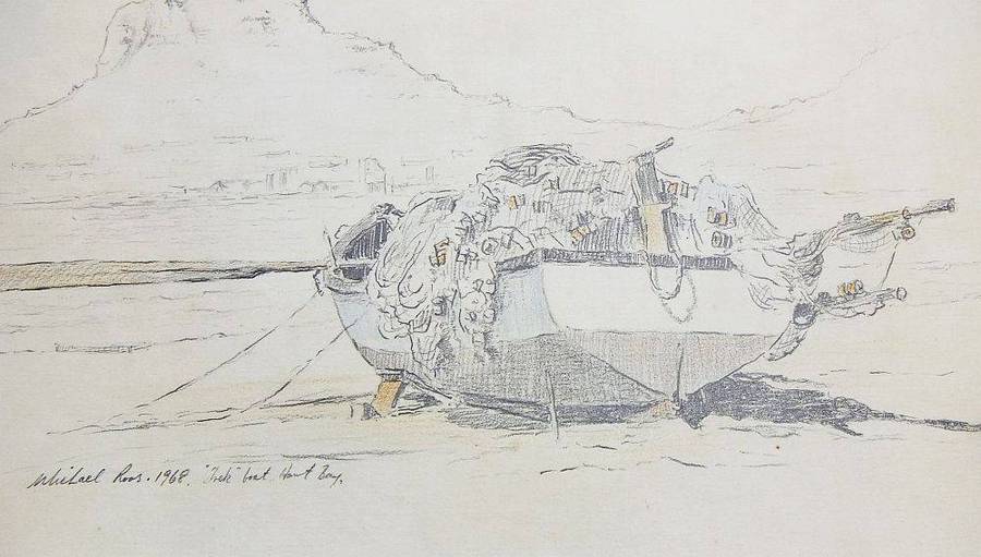 An original sketch by listed SA artist Michael Roos of a "trek" boat in Hout Bay dated 1968