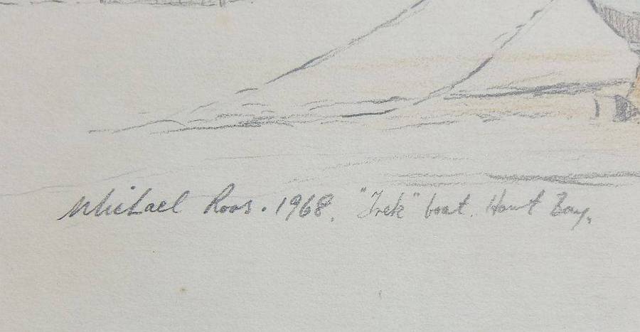 An original sketch by listed SA artist Michael Roos of a "trek" boat in Hout Bay dated 1968