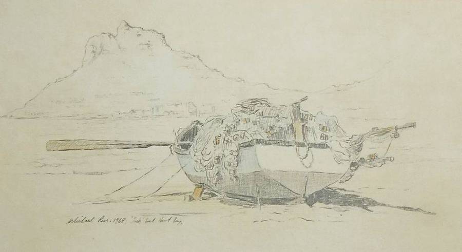 An original sketch by listed SA artist Michael Roos of a "trek" boat in Hout Bay dated 1968