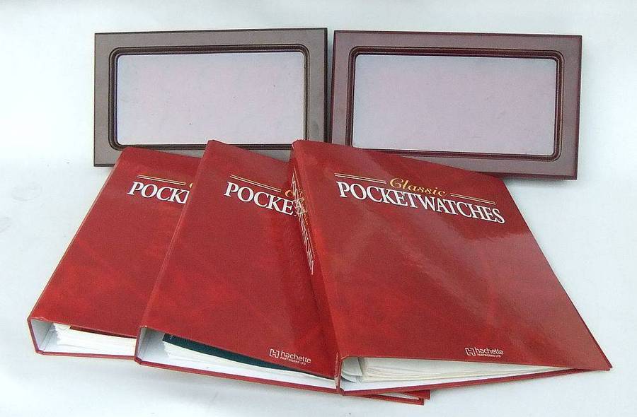 Three files with loads of info on pocket watches & clocks plus two cases to display your collection
