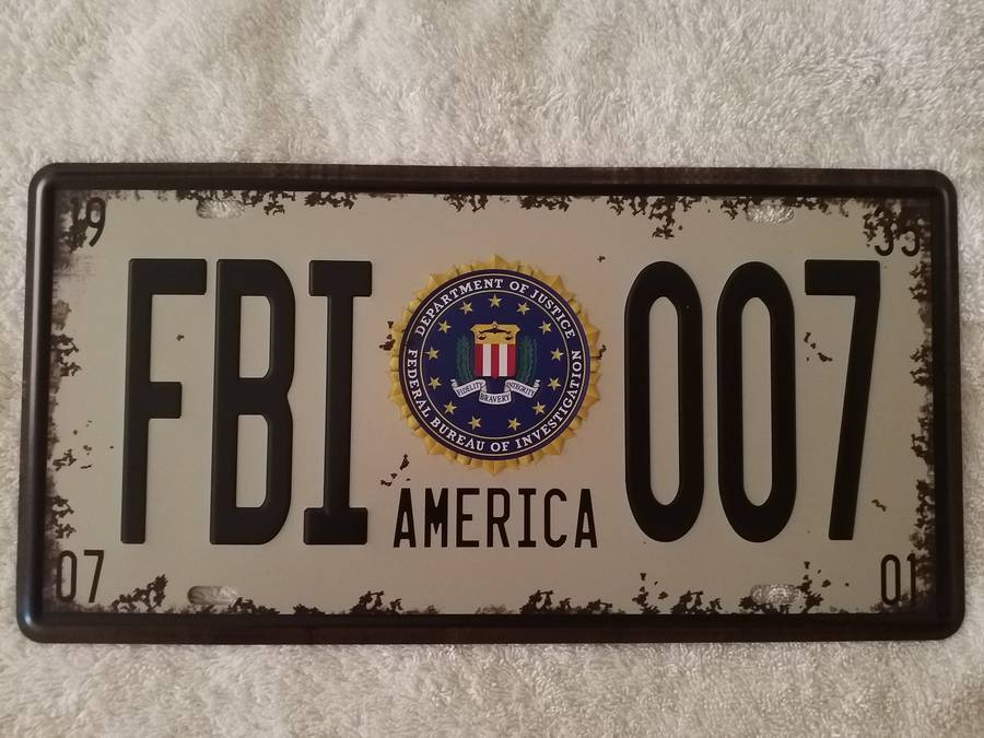 FBI 007 THEMED REPRODUCTION - EMBOSSED METAL HANGING SIGN "NUMBER PLATE"