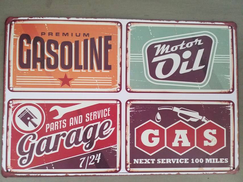 "GASOLINE, MOTOR OIL & GARAGE" MEMORABILIA REPRODUCTION - METAL HANGING SIGN (MEDIUM)