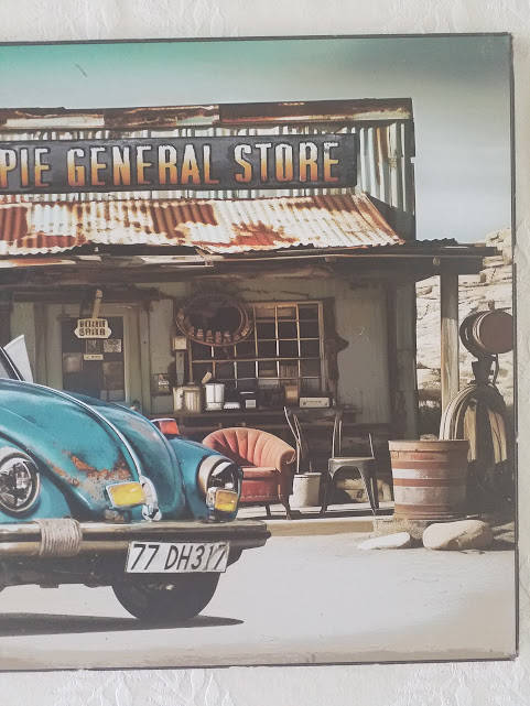VOLKSWAGEN BEETLE, GENERAL STORE THEMED - PRINT ON WOOD (LARGE)