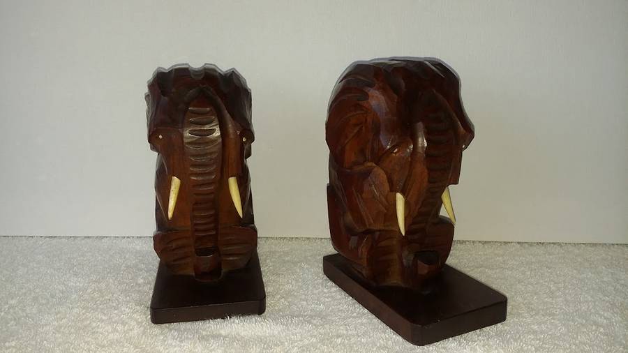 MADE IN JAPAN, 1950'S - VERY WELL HAND CARVED, WOODEN ELEPHANT BOOKENDS PAIR WITH GENUIE BONE TUSKS