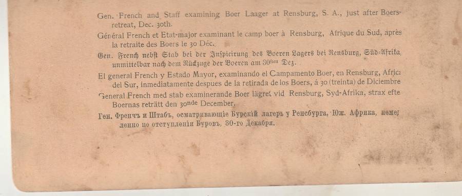 BOER WAR STEREOSCOPE GEN FRENCH AND STAFF EXAMINING BOER LAGER AT RENSBURG