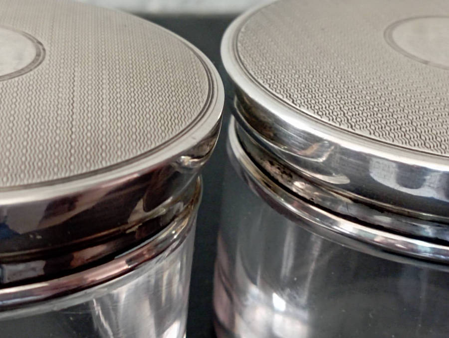 Birmingham hallmarked silver Lidded glass jars