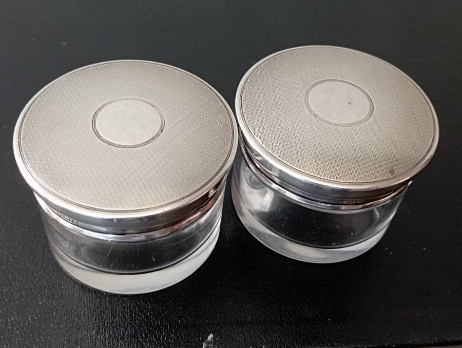 Birmingham hallmarked silver Lidded glass jars