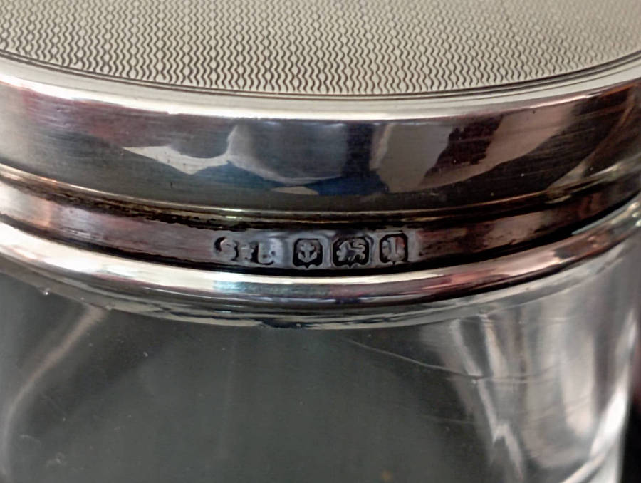 Birmingham hallmarked silver Lidded glass jars