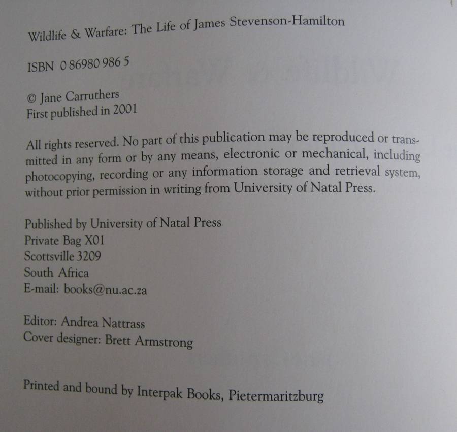 Wildlife  & Warfare The Life of James Stevenson-Hamilton Jane Carruthers