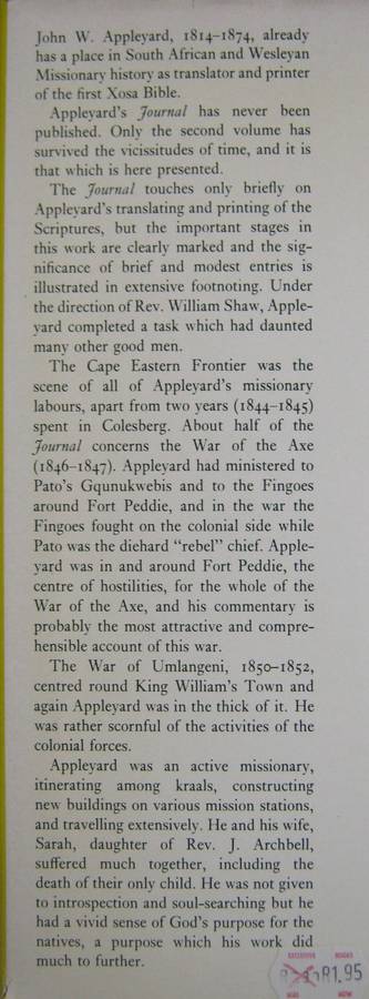 The War of the Axe and the Xosa Bible The Journal of the Rev J W Appleyard