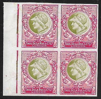 De La Rue Essays Minerva head usual archival creasing imperforated block of (x4)