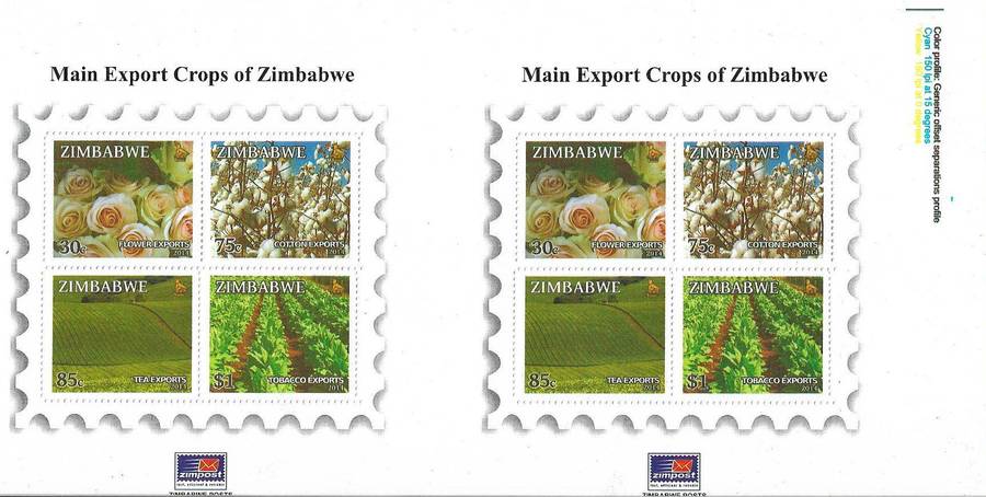 Zimbabwe Export Crops (x2) uncut miniature sheets from proof sheet.