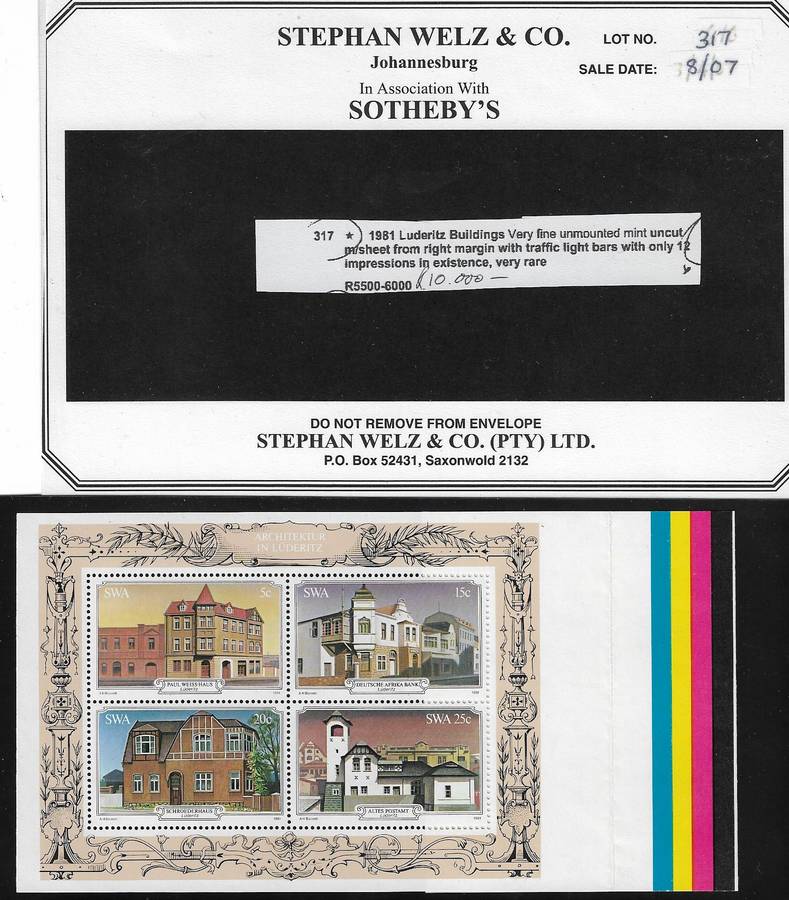 South West Africa 1981 proof miniature sheet SACC394 only x12 known. Estimate R5500-6000 in (2007)