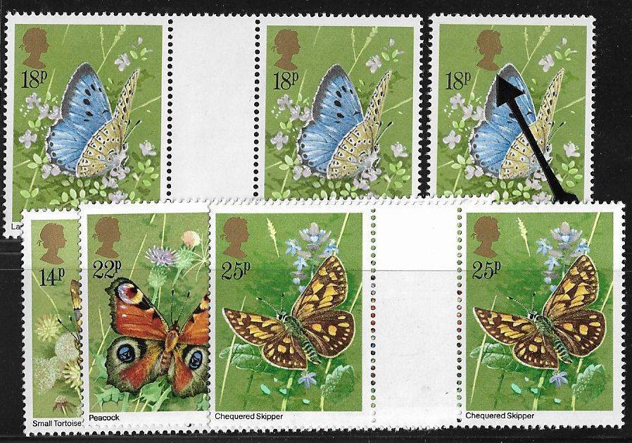 Great Britain variety shifted Queens Head, plus normal stamps in gutter pairs.