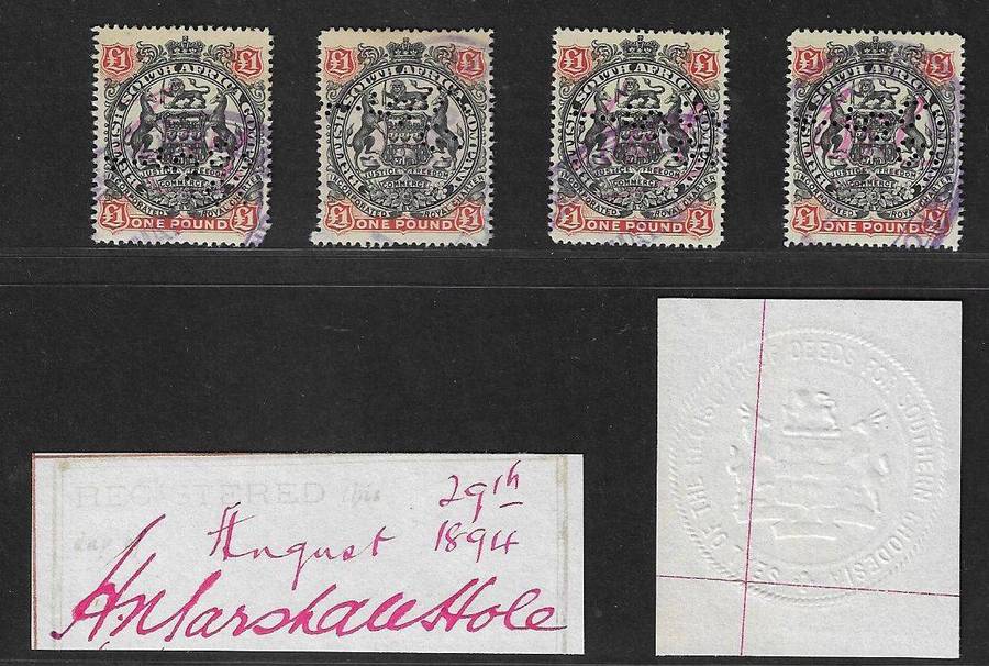 British South Africa one pounds arms used revenue including original Marshall Hole signature