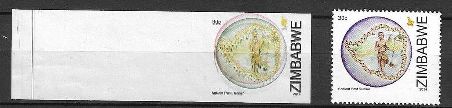 Zimbabwe variety 30c Post Runner 2014 proof plus normal.
