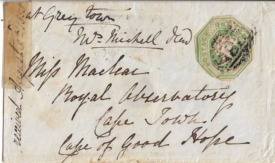 Great Britain 1s Embossed issue cover to Cape Town 1853 of note RADFORD PENNY POST.