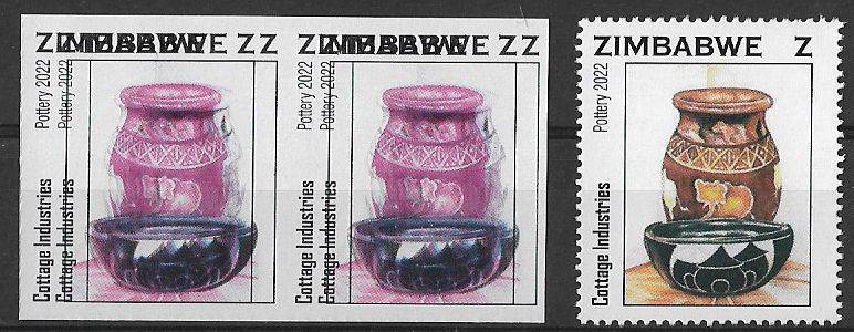 Zimbabwe variety imperforated pair double print 2x colours, plus normal for comparison.