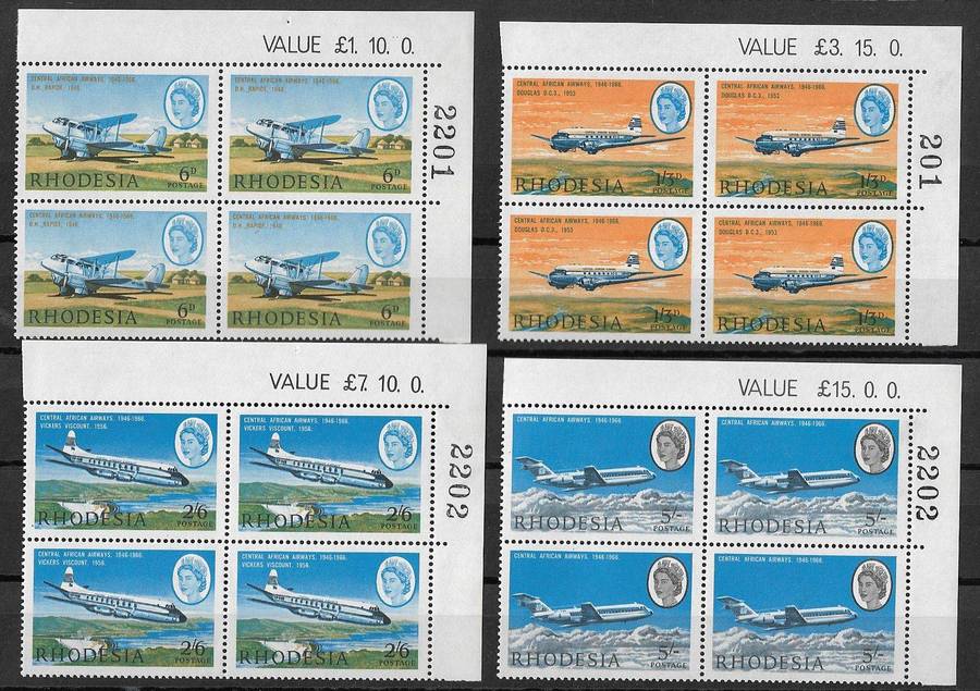 Rhodesia 1966 Central Africa Airways corner blocks of (x4)