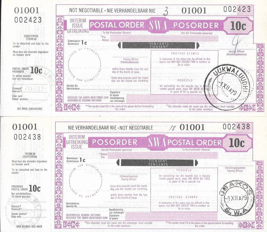 South West Africa 10c postal orders (x2) 1979.
