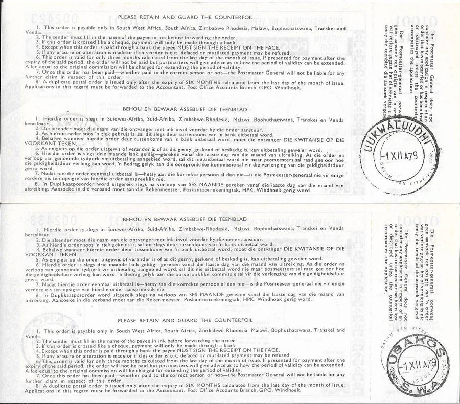 South West Africa 10c postal orders (x2) 1979.