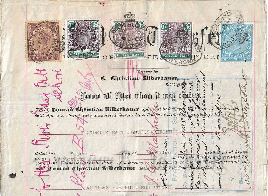 Cape of Good Hope document 1896 additional stamps added 1904.