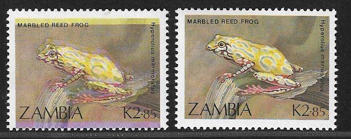 Zambia variety colour shift K2.85 value with normal stamp for comparison.
