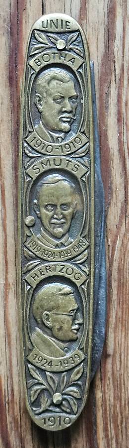 Union 1910-1960 (50 years) pocketknife (brass type) depicting Botha, Smuts, Hertzog, Malan, Strijdom