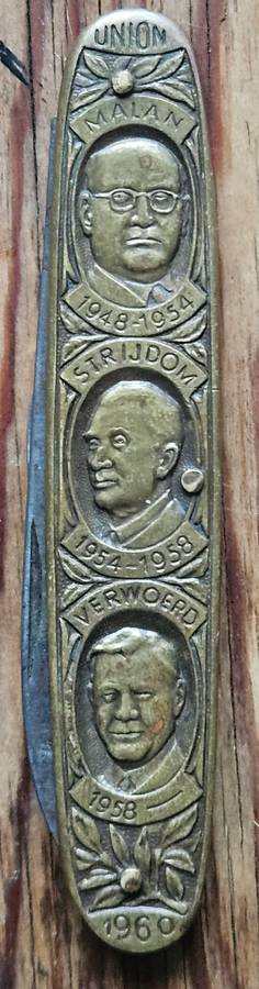 Union 1910-1960 (50 years) pocketknife (brass type) depicting Botha, Smuts, Hertzog, Malan, Strijdom