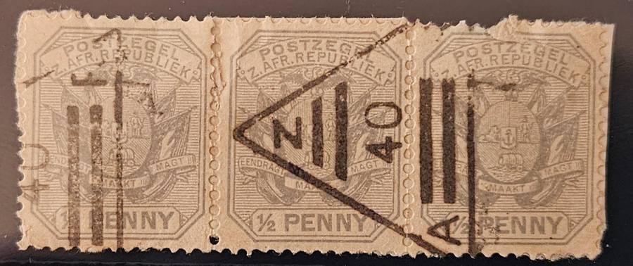 Transvaal postmark (x3) ½d stamps odd faults but large part triangular ZAR 40 [Groot Suikerboshkop]